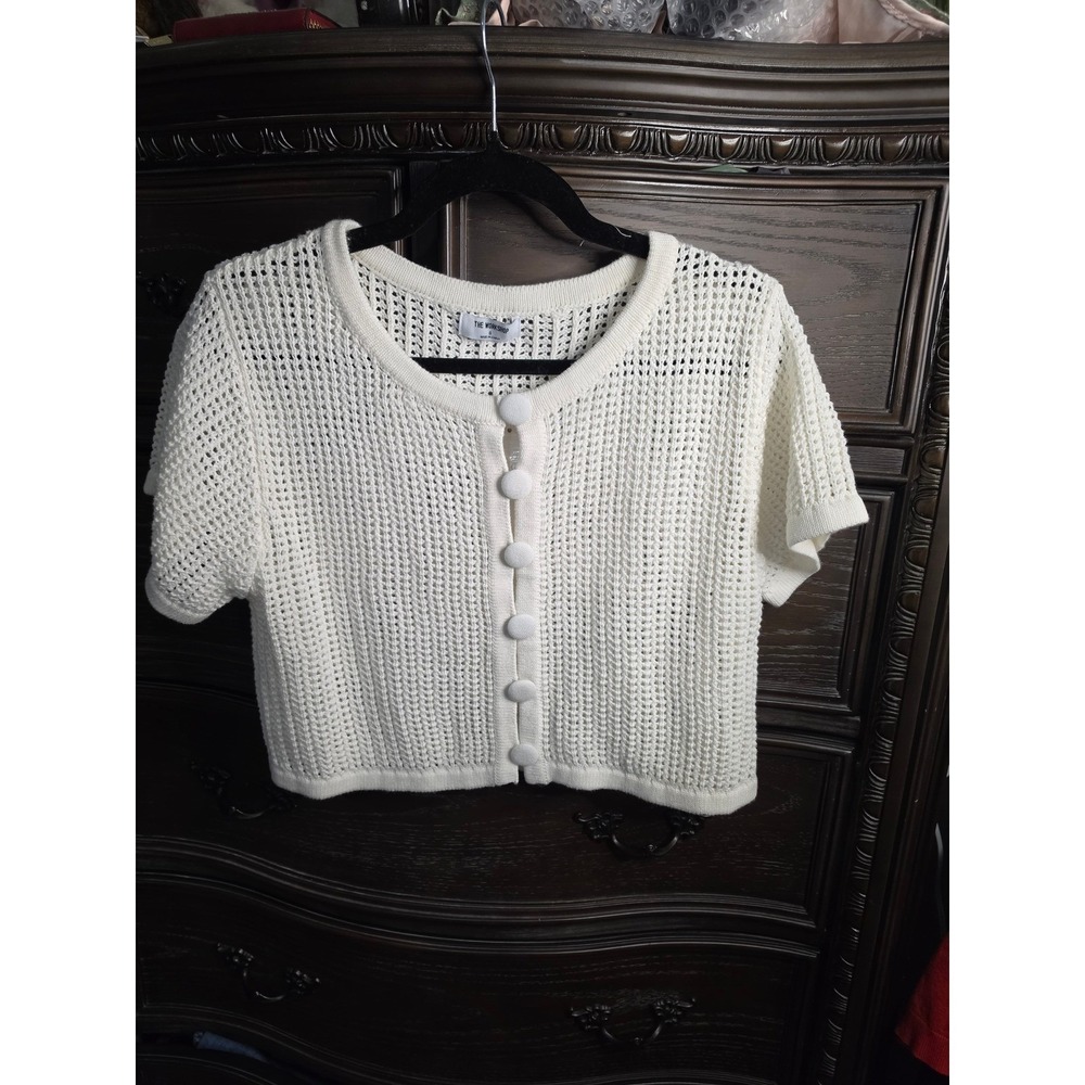The Workshop White Crochet Open Knit Cropped Short Sleeve Cardigan TW2148 S